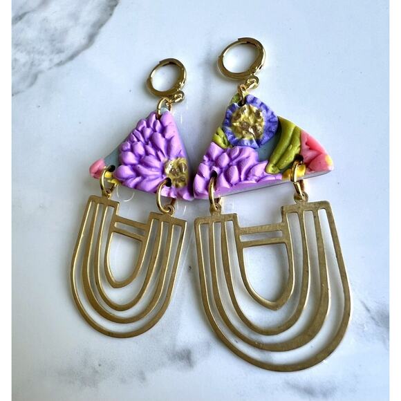 Handmade Polymer Clay Earrings Handcrafted Artwork Floral - Picture 3 of 6